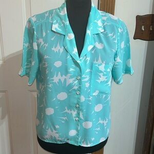 Personal Petites Turquoise Floral Short Sleeve Vacation Button Down Top Size 10